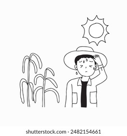 Man thirsty from heat of the summer sun. Man feels so thirsty because of hot weather. Outline hand drawn style vector design illustration.