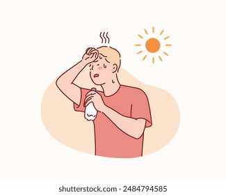 el hombre tiene sed del calor del sol de verano. el hombre tiene sed debido al Clima caliente. Ilustraciones de diseño de Vector dibujado a mano.