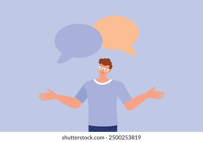Mann mit Gedankenblase. Zeichenvektordesign. Flacher Illustrationsstil.