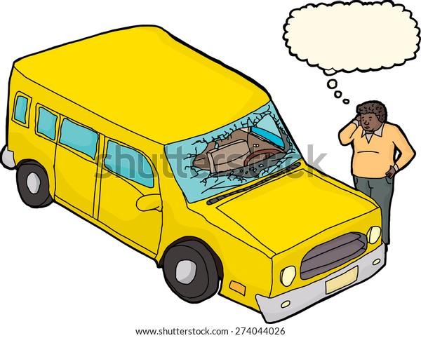 Man with thought bubble and yellow car with\
damaged windshield