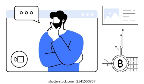 A man in thought within a virtual meeting interface also displaying Bitcoin cryptocurrency symbols and a browser window. Ideal for finance technology networking remote work online meetings digital