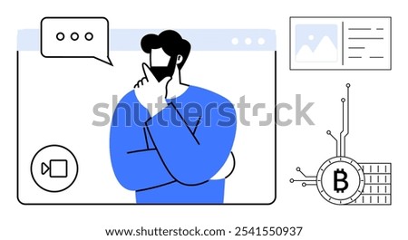 A man in thought within a virtual meeting interface also displaying Bitcoin cryptocurrency symbols and a browser window. Ideal for finance technology networking remote work online meetings digital