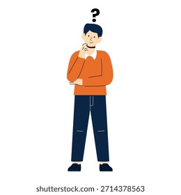 Man in thoughtful pose. ideal for creativity, problem-solving, brainstorming, innovation, planning, decision-making, strategic thinking. Simple flat