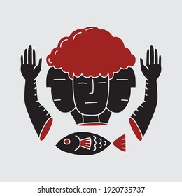 Man with three faces is gratitude to have something to eat.