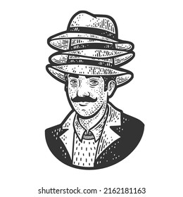 man in three hats sketch engraving vector illustration. T-shirt apparel print design. Scratch board imitation. Black and white hand drawn image.