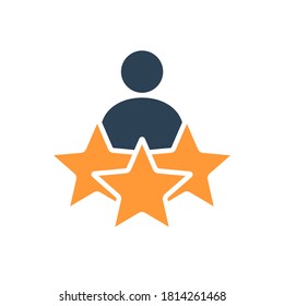 Man and three stars, rating colored icon. User reviews, feedback, add to favorites, quality control symbol