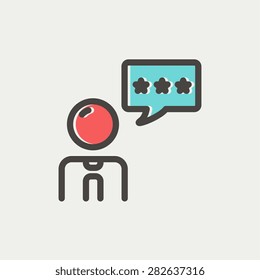 Hombre con tres estrellas en la burbuja del habla, icono de la línea delgada para web y móvil, diseño moderno minimalista plano. Icono del vector con contorno gris oscuro y color de desplazamiento en fondo gris claro.