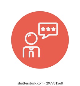 Man with three stars in speech bubble thin line icon for web and mobile minimalistic flat design. Vector white icon inside the red circle.