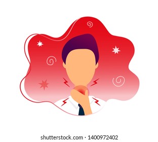 Man with throat pain touching his neck.  Flat modern trendy style.Vector illustration character icon. Isolated on white background. 