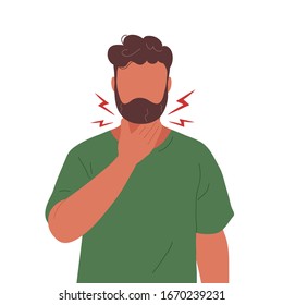 Man with throat pain touching his neck.  Flat modern trendy style. Hand drawn vector character illustration. Isolated on white background. 