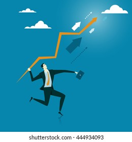 The man throw an arrow to the sky. Abstract business concept of challenges. The fight or destroy obstacles to success. Vector illustration flat style finance banking web infographics.