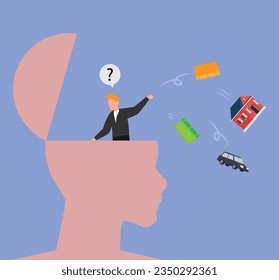 Man throw away house, car, money, gold from a head for simple living 2d vector illustration concept for banner, website, landing page, flyer, etc