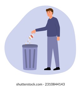 Man throw cigarettes into trash can in flat design. Man quit smoking concept vector illustration.