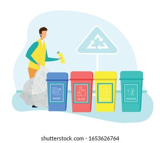 Man Throw Garbage into Outdoors Containers with Recycle Sign. Collecting Trash, Recycling, Environmental Nature Pollution Problem, Ecology Protection, Reduce Plastic. Cartoon Flat Vector Illustration