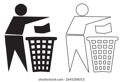 Man throw garbage, waste, trash, dust in dustbin icon set isolated. Vector illustration.