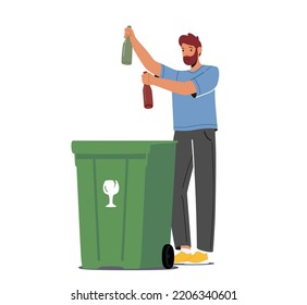 Hombre lanza botellas de vidrio a contenedores especiales para clasificar basura aislada en fondo blanco. Concepto de reciclaje de basura. Caracteres masculinos separados de la basura. Ilustración del vector de dibujos animados