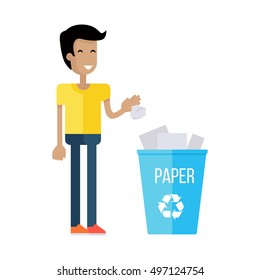 Man Throw The Paper Into Blue Recycle Garbage Bin With Paper. Reuse Or Reduce Symbol. Plastic Recycle Trash Can. Trash Can Icon In Flat. Waste Recycling. Environmental Protection. Vector Illustration.