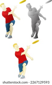 Man throw a plastic disc toy into the air, isolated against white. 3D vector illustration.