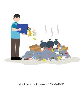 man throw trash into pile of garbage