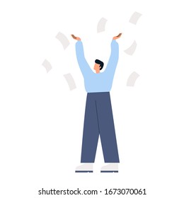 Man throwing away pieces of paper. Angry man standing with his hands up and paper flying around him. Businessman needs help with paperwork. Flat vector illustration.