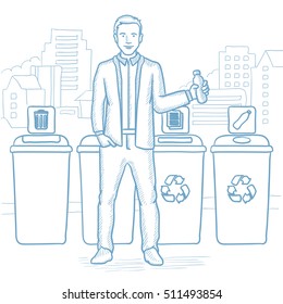 Man throwing away plastic bottle. Man standing near four bins on city background and throwing away plastic bottle in an appropriate bin. Hand drawn vector sketch illustration on white background.
