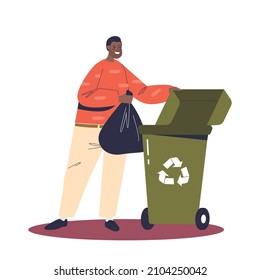 Man throwing away trash waste from home. Young male cleaning house busy with housekeeping chores. Household activities concept. Cartoon flat vector illustration