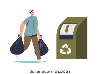 Man throwing bags of clothes in recycling container for eco friendly production. Recycle fabric and recycled fashion concept. Flat vector illustration