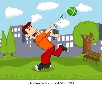 A man throwing a ball with city background vector illustration