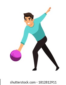 Man throwing ball playing bowling. Guy throws ball on white background. Recreation and hobby vector illustration. Night entertainment at club, fun leisure activity at party.