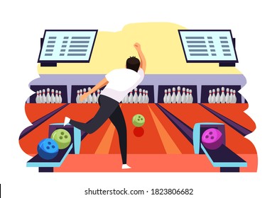 Man throwing ball playing bowling. Guy throws ball on lane into tenpins and skittles. Recreation and hobby vector illustration. Night entertainment, fun leisure activity.