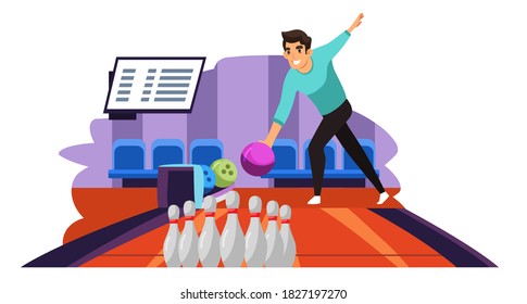 Man throwing ball playing bowling. Guy throws ball on lane into tenpins and skittles. Recreation and hobby vector illustration. Night entertainment, fun leisure activity.
