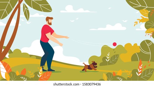 Man Throwing Ball Playing with Dog in Forest or Park. Guy Spending Time with Puppy. Male Owner Character Walking Pet on Meadow. Outdoor Activity. Rest Time on Nature. Flat Cartoon Vector Illustration