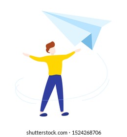 Man throwing big paper plane. Idea of inspiration. Paper airplane fly around businessman. Isolated flat illustration vector