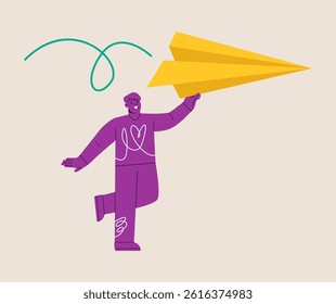 Man throwing a big paper plane. Start new concept. Colorful vector illustration 