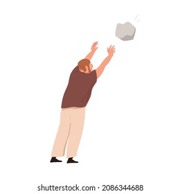 Man throwing big stone. Angry aggressive person casting rock, attacking smb. Violence and offense concept. Hooligans aggression. Flat vector illustration of bully isolated on white background
