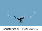 Man throwing a boomerang and surprised when it flew back to hit him from the back. Vector illustration depicts execution problem, karma, bad luck, after effect, repercussion, and consequences. 