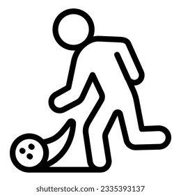 Un hombre lanzando un icono de la línea de boliche, el concepto de boliche, el cartel del jugador de boliche sobre fondo blanco, el hombre lanza un icono de bola en forma de contorno para el concepto móvil y el diseño web. Gráficos vectoriales