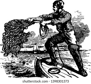 A man throwing cast net into water for fishing vintage line drawing or engraving illustration