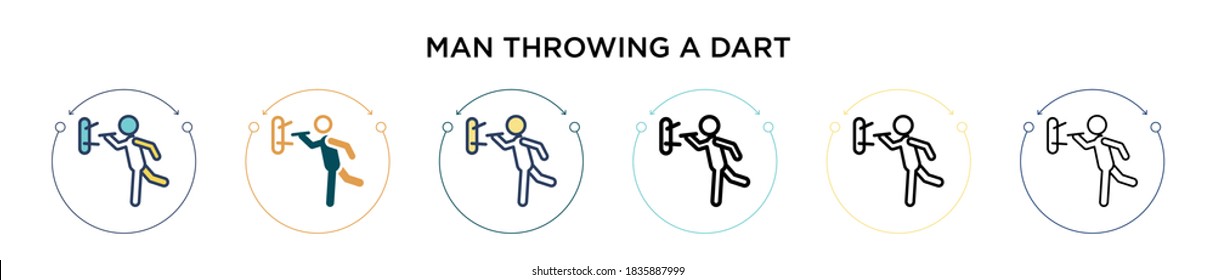 Man throwing a dart icon in filled, thin line, outline and stroke style. Vector illustration of two colored and black man throwing a dart vector icons designs can be used for mobile, ui, web