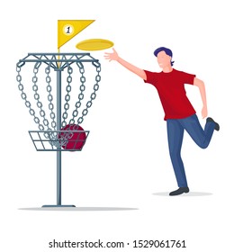 Man throwing a disc to the basket. Vector