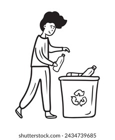 Man is throwing empty plastic bottle into special recycling garbage bin. Hand drawn vector sketch doodle illustration in flat cartoon style. Ecology, concept of recycling products, trash sorting.