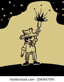 Man throwing firecracker at St. John's Party. Woodcut-style drawing of Cordel's literature.