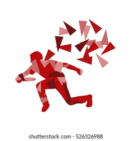 Man throwing flying disc vector background concept made of polygon fragments isolated on white