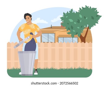 Man throwing garbage bag into trash can, flat vector illustration. Housework, household chores, housekeeping, house cleaning.