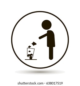 Man throwing garbage in a basket vector icon. On a white background