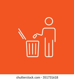 Man throwing garbage in a bin line icon for web, mobile and infographics. Vector white icon isolated on red background.