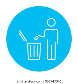 Man throwing garbage in a bin line icon for web, mobile and infographics. Vector white icon on the blue gradient square with rounded corners isolated on white background.