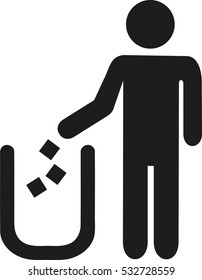 Man throwing garbage in bin. Pictogram.