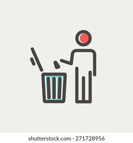 Man throwing garbage in a bin thin line icon for web and mobile, modern minimalistic flat design. Vector icon with dark grey outline and offset colour on light grey background.