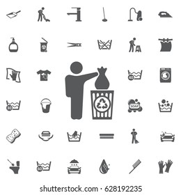 Man throwing garbage in bin. Vector icon in the white background. Set of cleaning icons